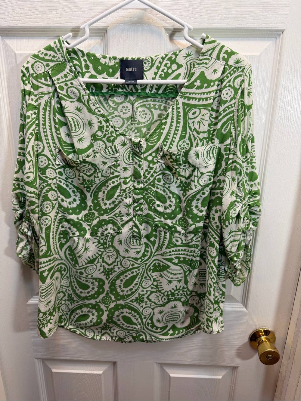 Maeve Green and White Paisley Split-Neck Blouse